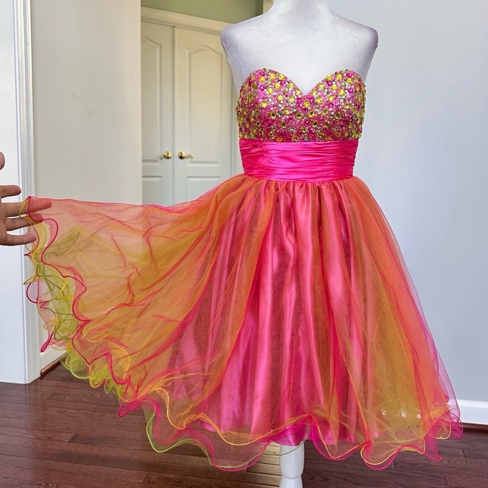Paris Connection Pink Yellow Beaded‎ Embellished Puffy Tulle Cocktail Dress